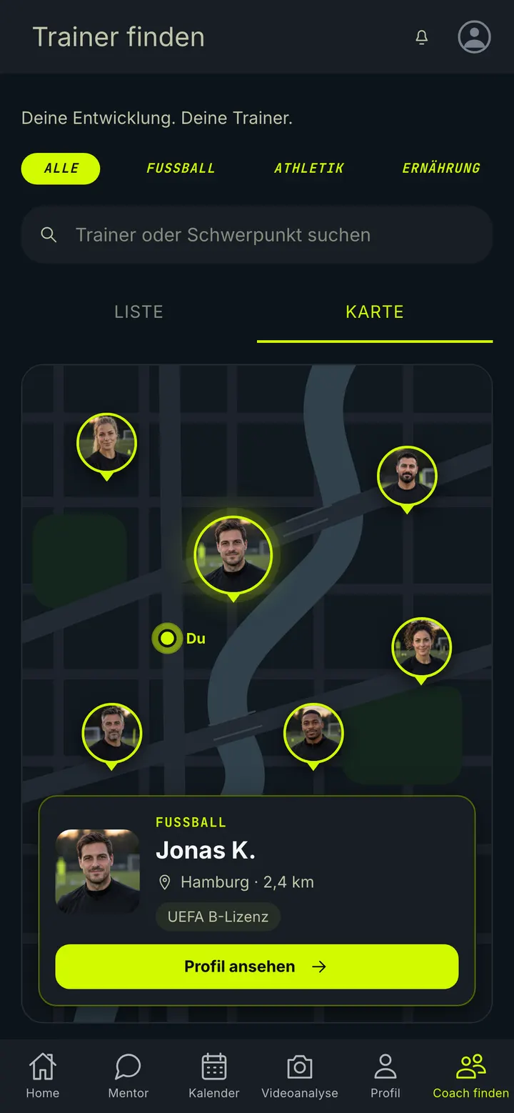 Nachbau der Kartenansicht in der AILETIC-App mit Beispieltrainern als Pins